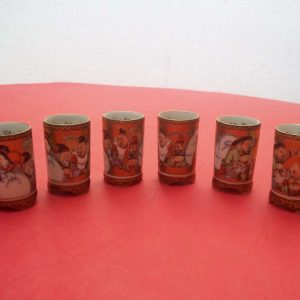Antique japanese Kutani porcelain sake set 7 lucky gods with calligraphy