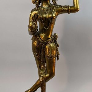 Antique Early 20th C Nepalese Sino-Tibetan Brass Dancing Tara, 20″ Tall, Lotus Base, Himalayan Sculpture Figure Female Buddhist Deity Bodhisattva Hinduism