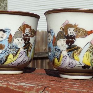 Antique Japanese Kutani Saki Cups of Seven Gods of Fortune. Signed