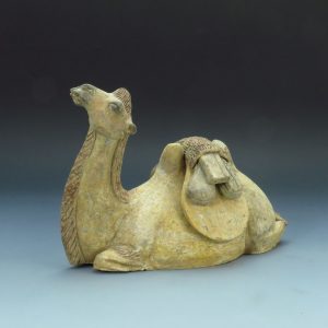 Tang Dynasty Recumbent Bactrian Camel Unglazed Pottery, Estate Col.