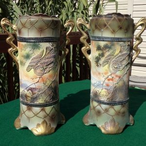 Japanese Royal Nippon Porcelain Moriage Decorated Handled Vases Circa 1900s FINE