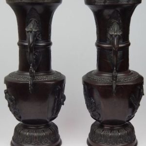 19th Century Pair of Japanese Bronze Vases with Phoenix Handles