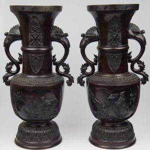 19th Century Pair of Japanese Bronze Vases with Phoenix Handles