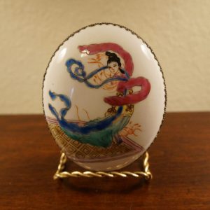 Antique Chinese Makeup Metal Box with Dancing Geisha Porcelain Cover