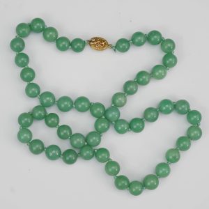 Chinese Celadon Jade Bead Necklace with Silver Clasp 1930’s