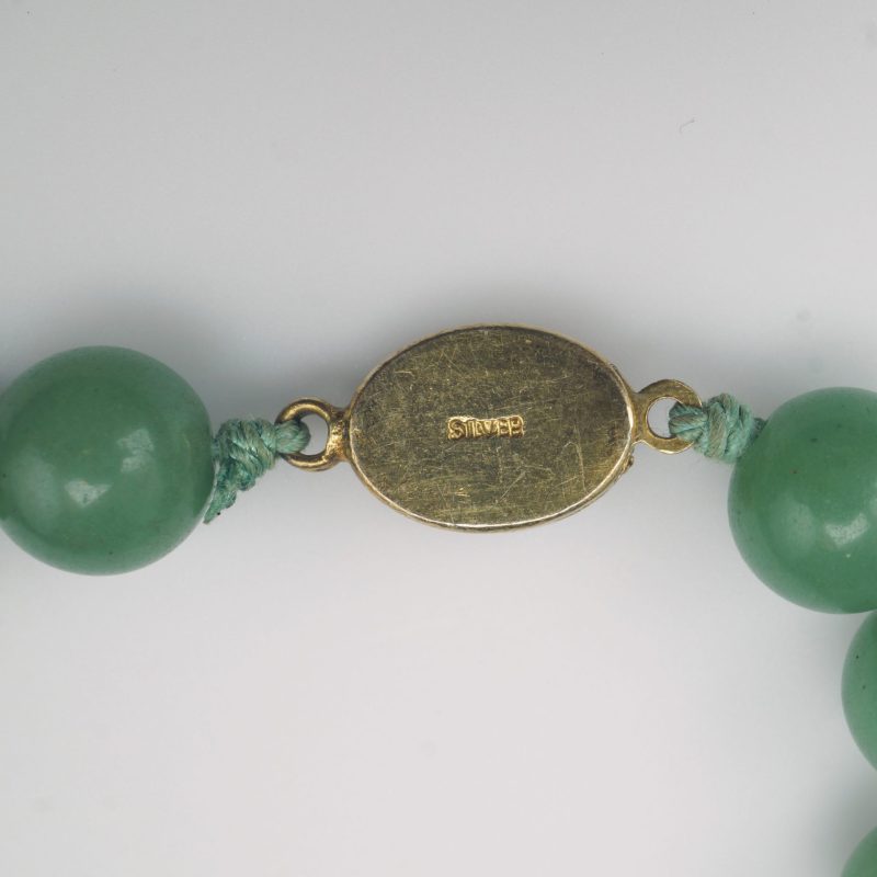 Chinese Celadon Jade Bead Necklace with Silver Clasp 1930’s