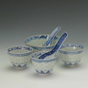 Chinese Republic Period Rice Patteren Cups and Spoon lot of 6