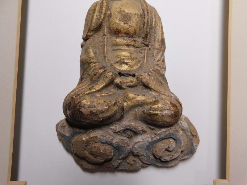 Ming gilt wooden Buddha, framed.