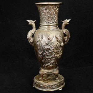 Antique Chinese Qing 8″ Pedestal Bronze Vase with Dragon Handles 19th C