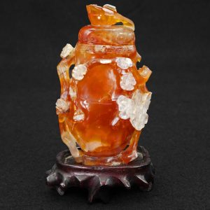Chinese Carnelian Agate Lidded Prunus Vase Flowers and Bird on Stand Circa 1900