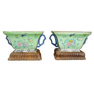 Matched Pair of Chinese Enamel on Copper Cache Pots/Planters with Stands Circa 1900