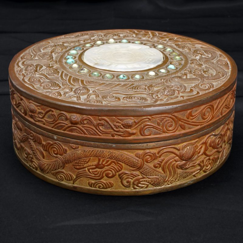 Chinese Tibetan Copper Dragon Box with Jade