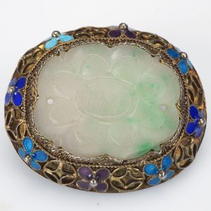 Antique Chinese Jade Gilt Sterling Silver Enameled Pin