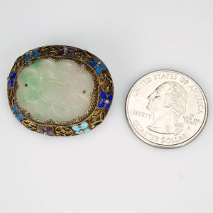 Antique Chinese Jade Gilt Sterling Silver Enameled Pin