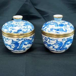 Pair Chinese Covered Oatmeal Dragon Bowls Shunzhi Mark Late Qing/Republic