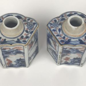 Rare and Fine Pair of Early 18th Century Chinese Imari Tea Caddies with Inscribed Tea Names