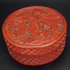 Chinese Cinnabar Lacquer Cylindrical Box of Sages with Their Attendant – 19th Century