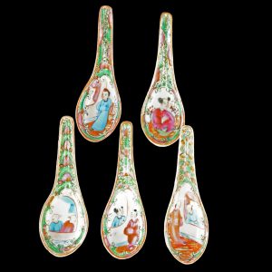 Set of Five Chinese Qing Rose Medallion Spoons Late 19th Century