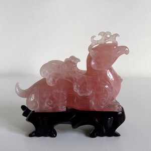 Chinese Antique Carved Rose Quartz Mythical Rooster on Carved w/Stand “5” (W) #J220319