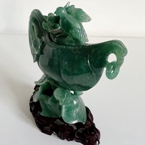 Chinese Antique Carved Jade Melon Shape Wine Cup w/Stand “6”(H) #J220320