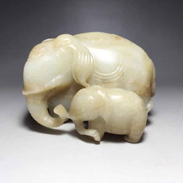 Chinese Antique Hetian Jade Two Elephant 1115g