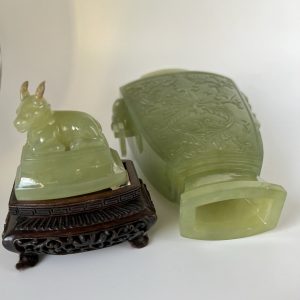 Chinese Antique Celadon Jade Vase With Carving w/Wood Stand “10.5” (H) #J220104