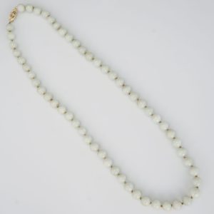Chinese Republic Era Pale Grey Green Jade Hand-knotted Bead Necklace with 14K Gold Clasp