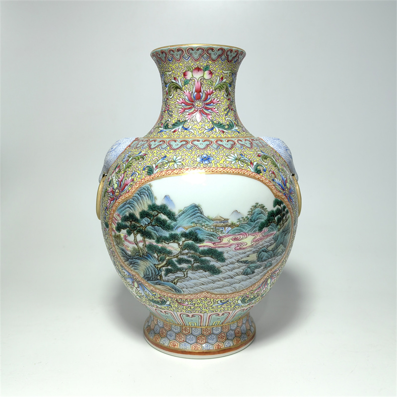 Vase de paysage en porcelaine de la dynastie Qing antique chinoise Qianlong Famille Rose