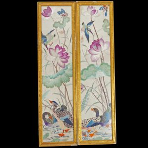Pair of Framed Chinese Silk Panels Lotus and Ducks Late Qing/Republic