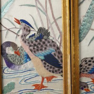 Pair of Framed Chinese Silk Panels Lotus and Ducks Late Qing/Republic