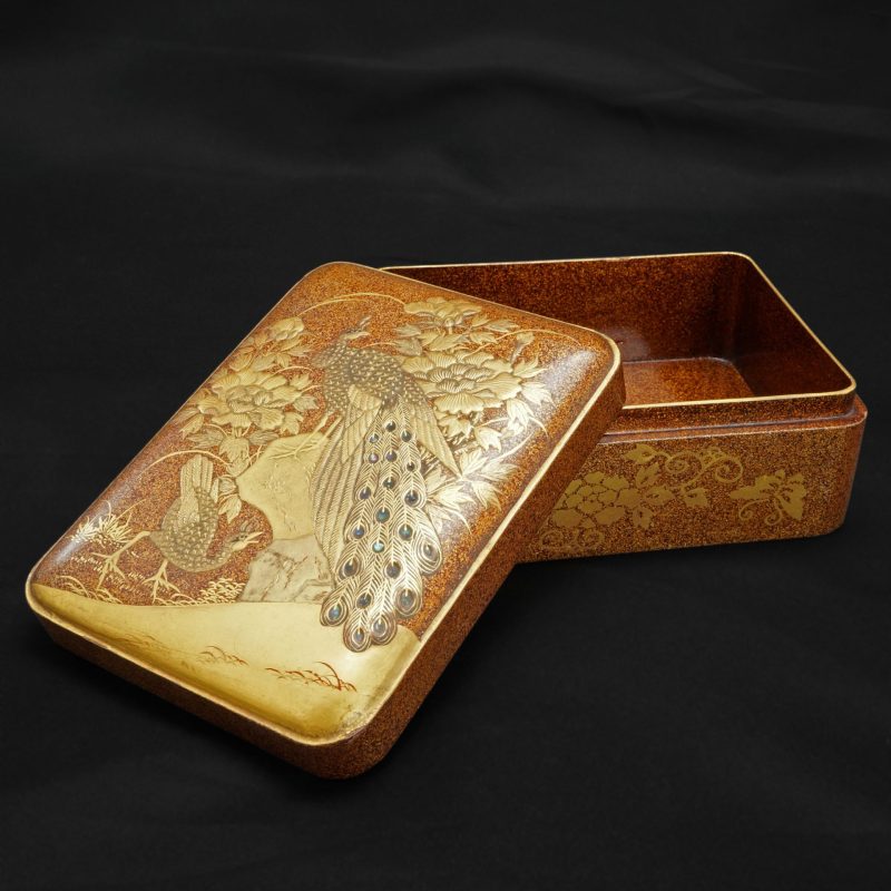 Japanese Edo Meiji Finely Lacquered Box with Peacocks