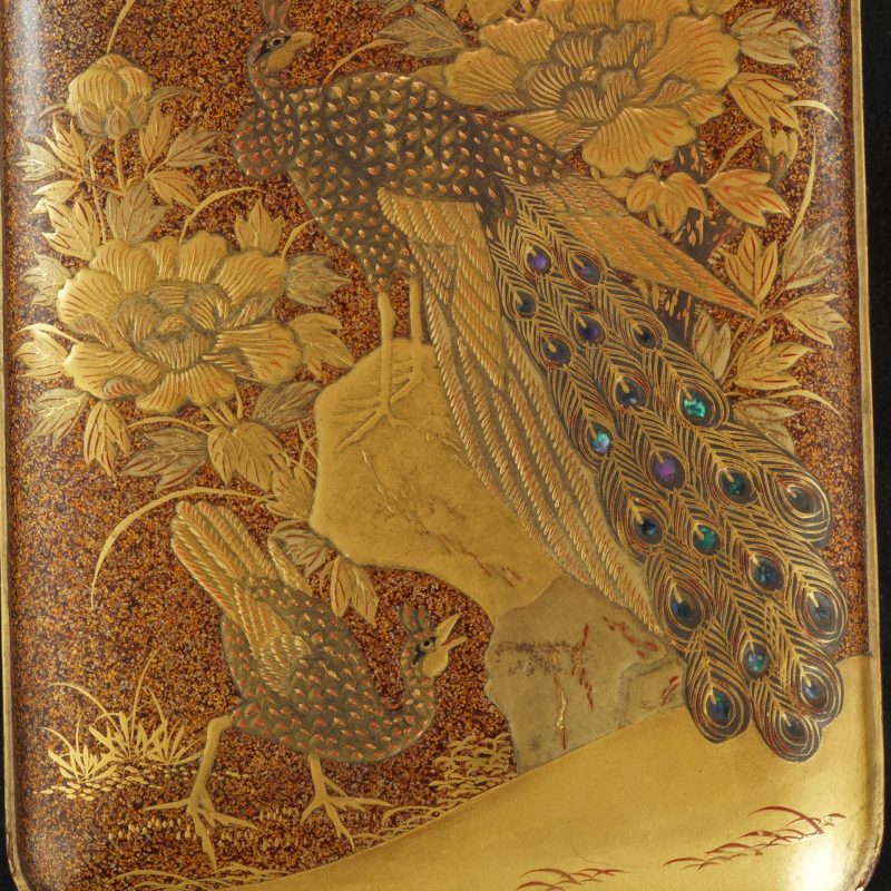 close up Japanese Edo Meiji Finely Lacquered Box with Peacocks