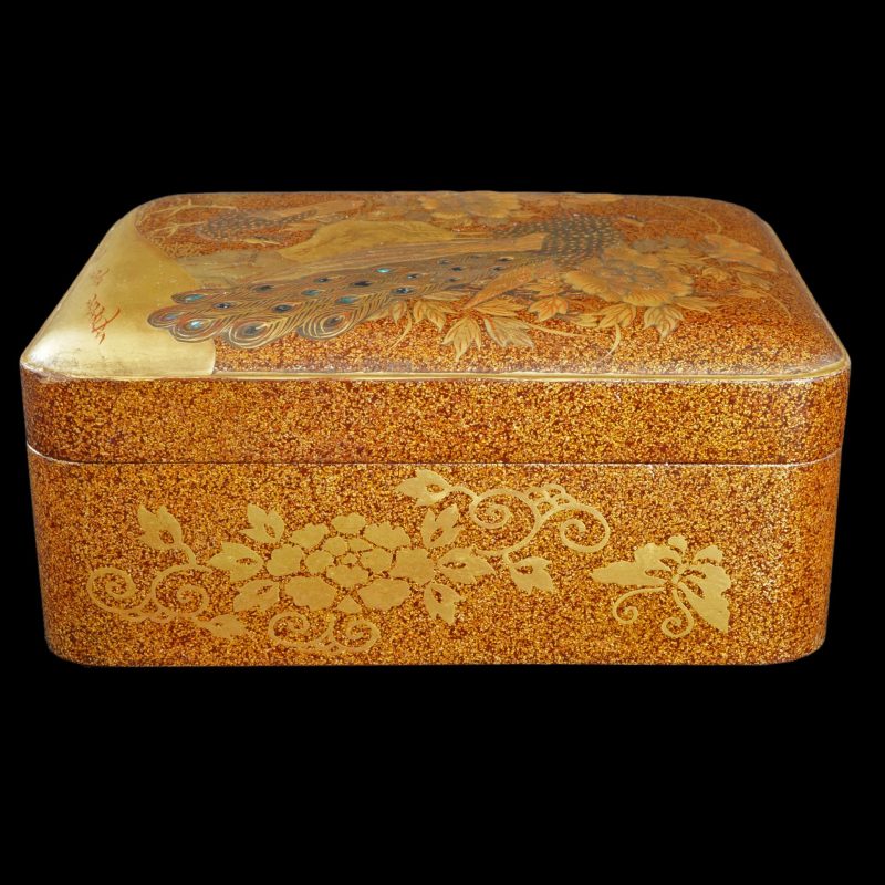 side Japanese Edo Meiji Finely Lacquered Box with Peacocks