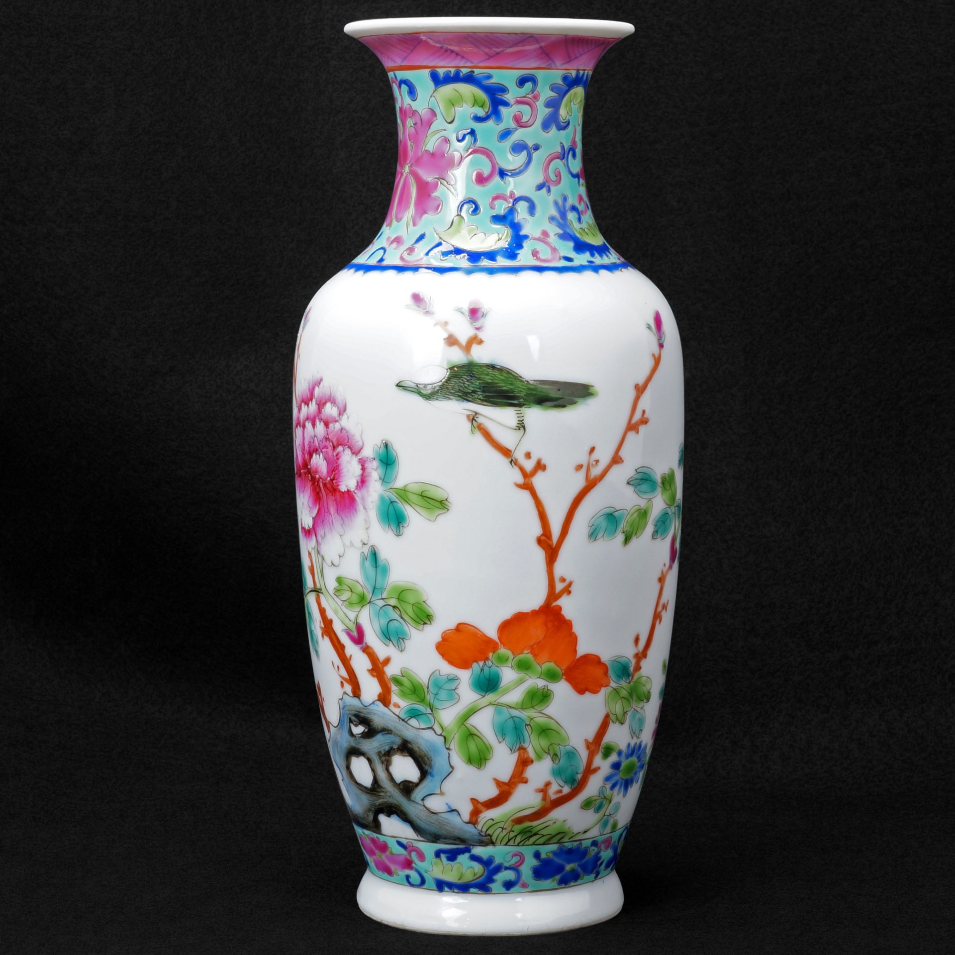 Chinese Polychrome Vase Floral and Bird Design Republic Period