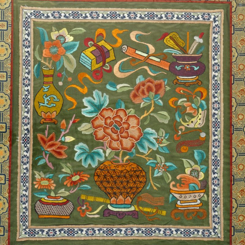 Chinese Framed Silk Panel Embroidery Daoist Symbols Republic Period