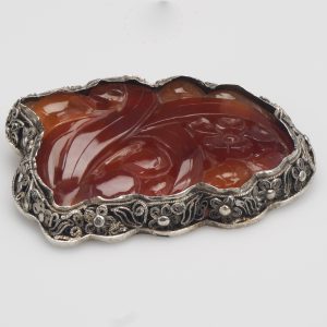 Antique Chinese Silver Filigree and Carved Carnelian Pin or Brooch Circa 1900