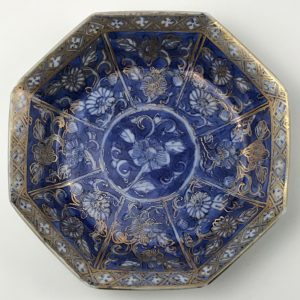 Rare Kangxi Period Octagonal Saucer w/Panels and Flowers, In Powder Blue or Cobalt and Gilt
