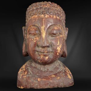 Large Antique Buddha Head Lacquer and Wood 19th Century