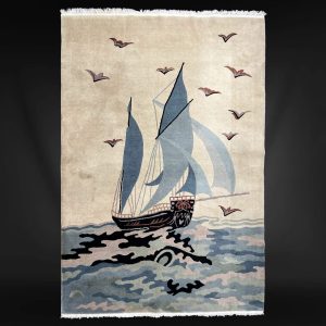 Vintage Chinese Pictorial Wool Rug of Large Ship 6 ft x 9 ft c 1930s