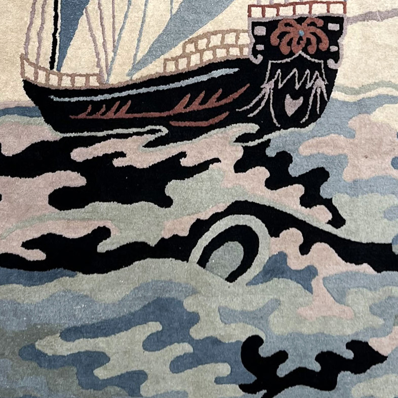 Detail Vintage Chinese Pictorial Wool Rug of Large Ship 6 ft x 9 ft c 1930s