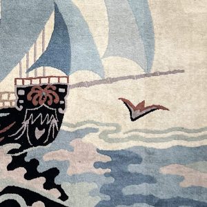 Tapis de laine picturale chinoise vintage de grand navire 6 pi x 9 pi c années 1930