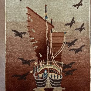 Antique Chinese Pictorial Wool Rug 30 in x 53 in of Boat at Sunset c 1920